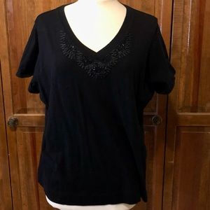 Jones New York Signature Woman Black Beaded V-Neck T-Shirt, 1X